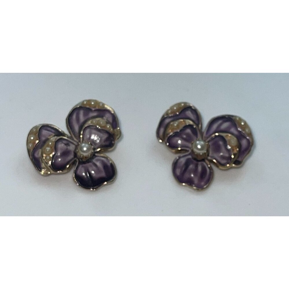 2 Twin Purple Enamel Pansy Flower Small Lapel Brooches With Faux Pearls - Februa